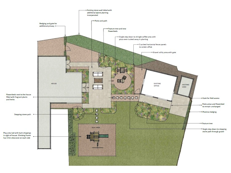 Garden layout showing sandstone terrace and tucked-away seating areas