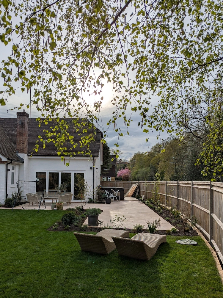 Silver birch trees providing structure and winter interest in the completed family garden