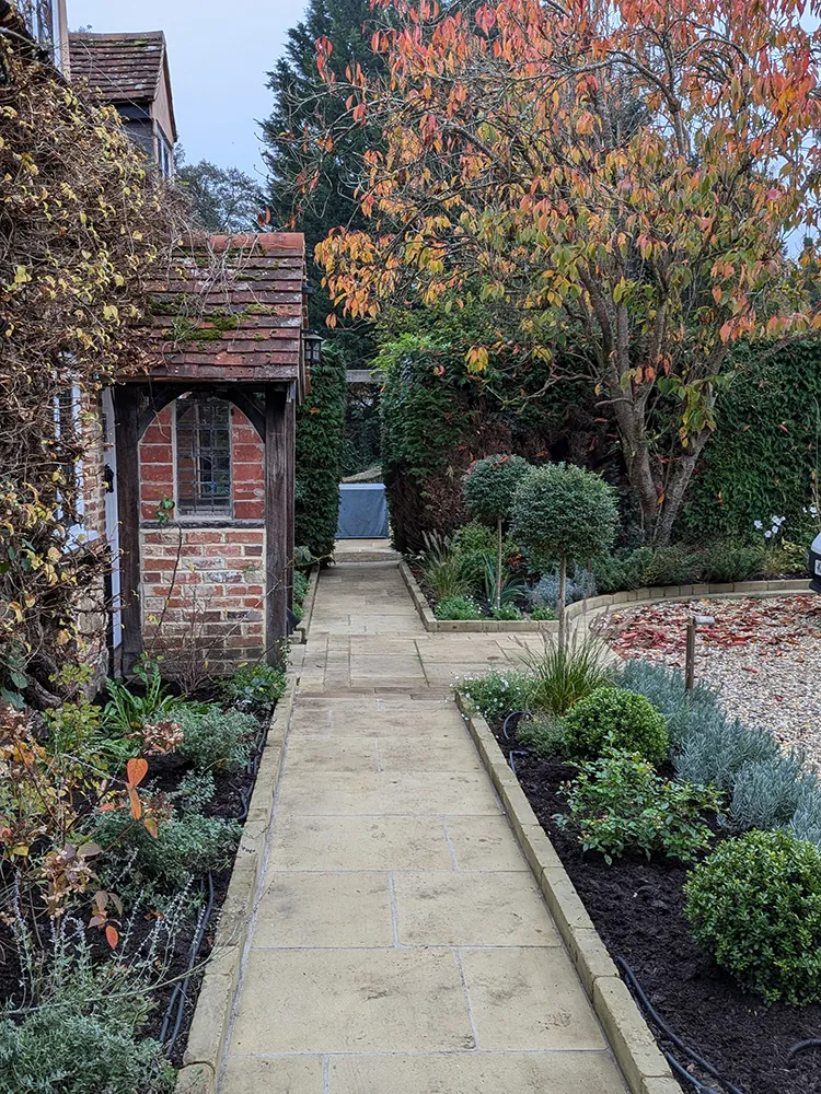 Pathway between flower beds