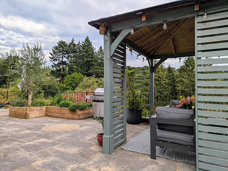 Pergola and planting in raised beds